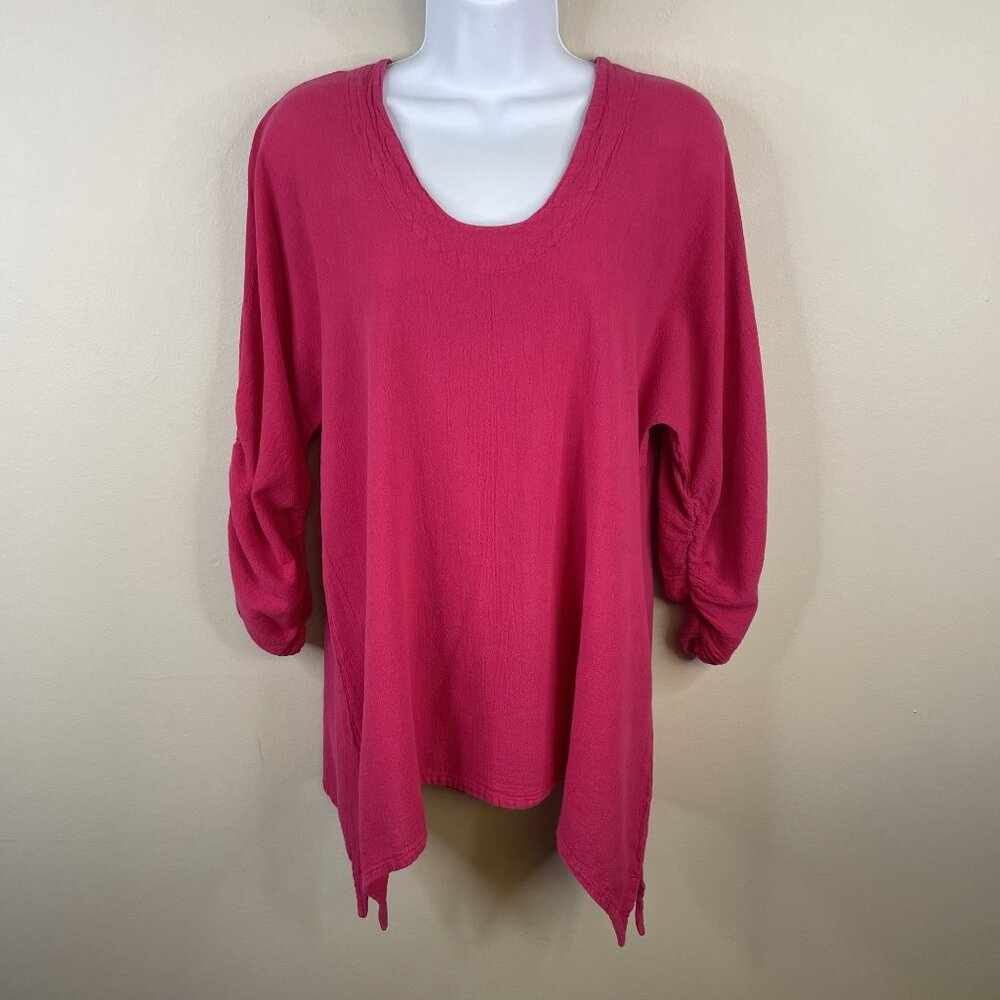 Oh My Gauze Beachy Tunic Top Medium Lagenlook 3/4 Ruched Sleeve Colorful Coastal